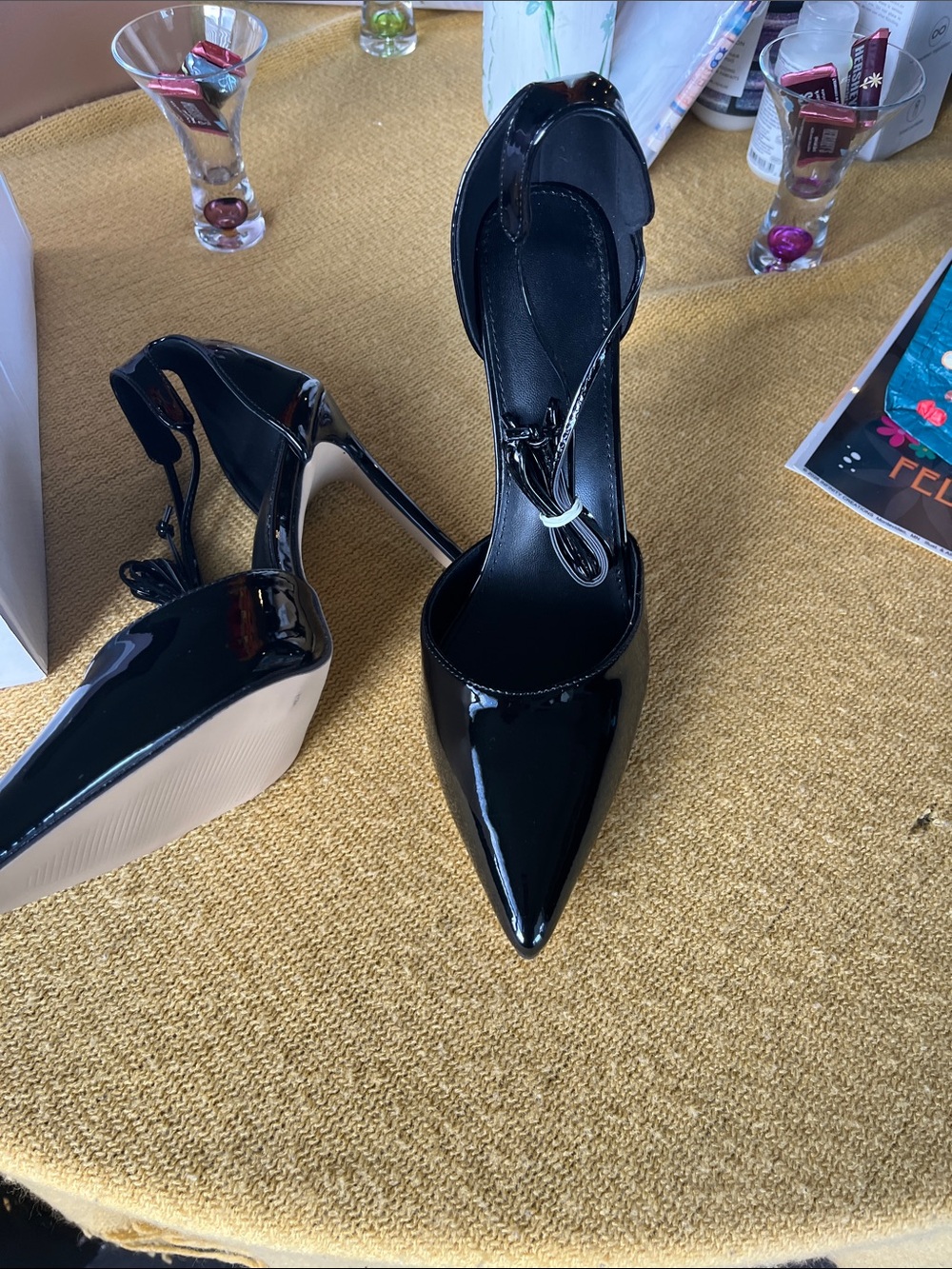Black Patent Pointed Toe High Heels with Ankle Strap